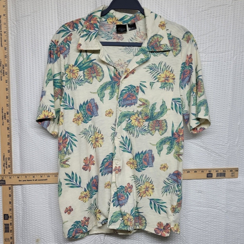 Jurassic World Men Tropical Aloha Shirt Dinosaur Floral Button Down Cream Medium